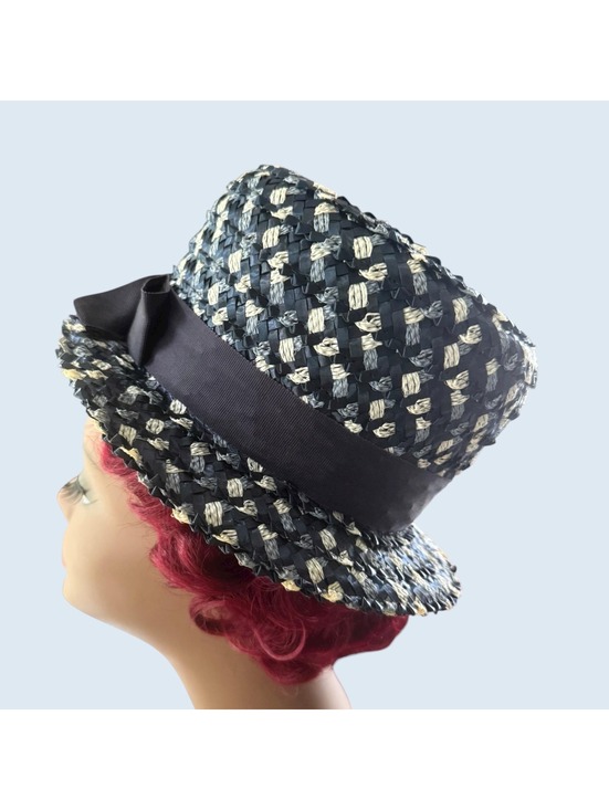 Accessories - Vintage 1970s Woven Straw Hat, Mod Bucket, Ribbon and Bow, Blue White, Formal